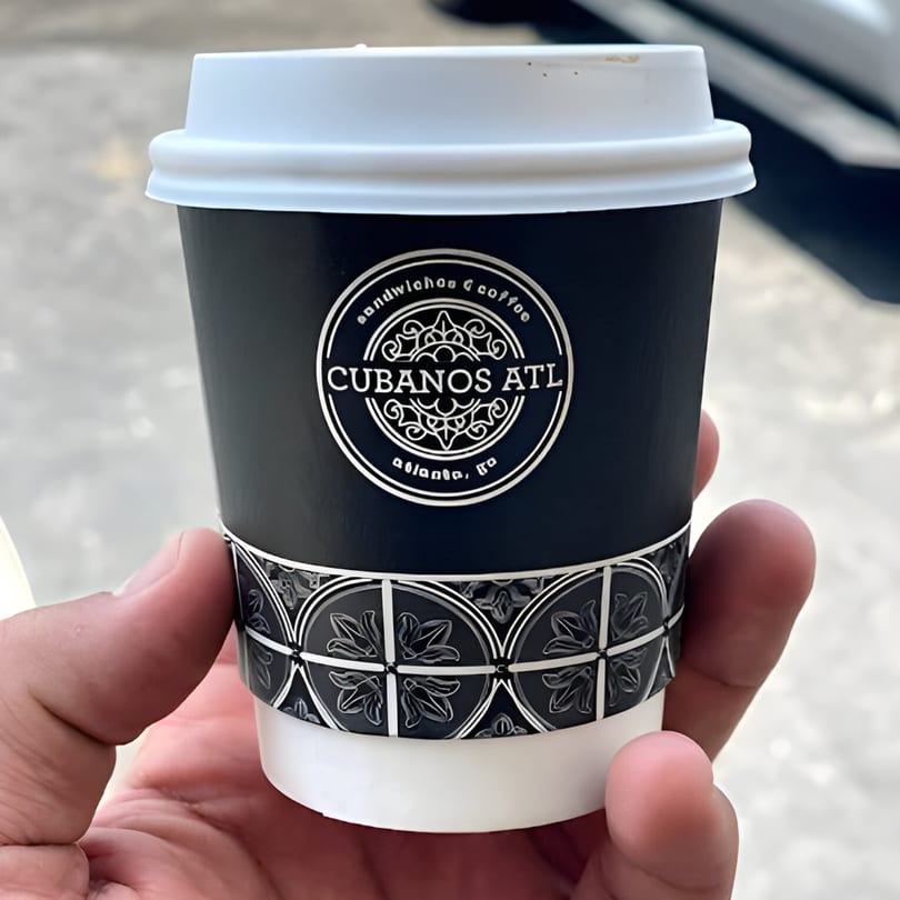 Hand holding a black Cubano's ATL coffee cup with a white lid and decorative sleeve.